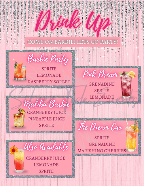 Barbie Party Pack – Invitation, Food Menu & Mocktail Menu Canva Bundle